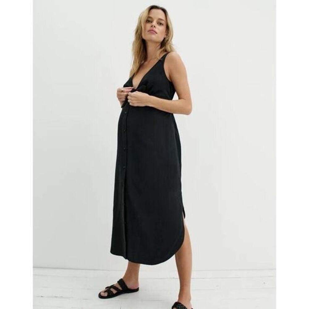 HATCH Nadia Easy Nurse Dress Black Tencel Linen Tie Front Midi Dress | 0 - Picture 10 of 12